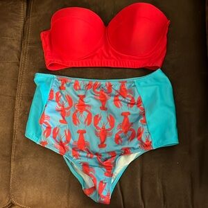 Super cute lobster print bottom - high waisted, bright red underwire top sz L